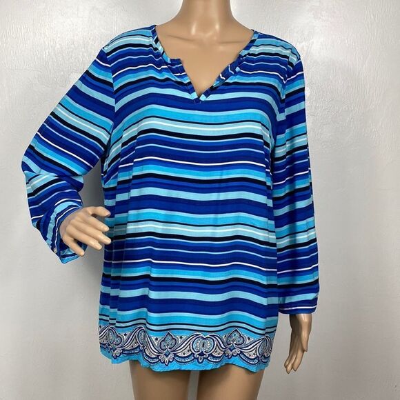Talbots Striped Blue V-neck 3/4 sleeves Tunic Top Size L - Picture 1 of 8